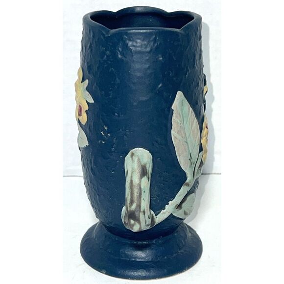 Roseville Pottery Reproduction Blue Rose Floral Flower Double Handle 6"x 5" Vase - Picture 4 of 8